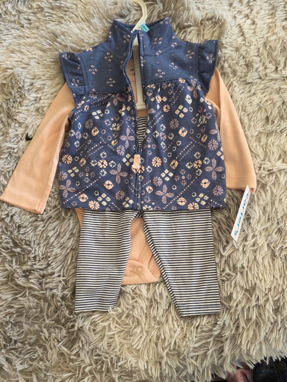 Carter's Navy Floral Zip Vest with Peach Bodysuit and Striped Leggings